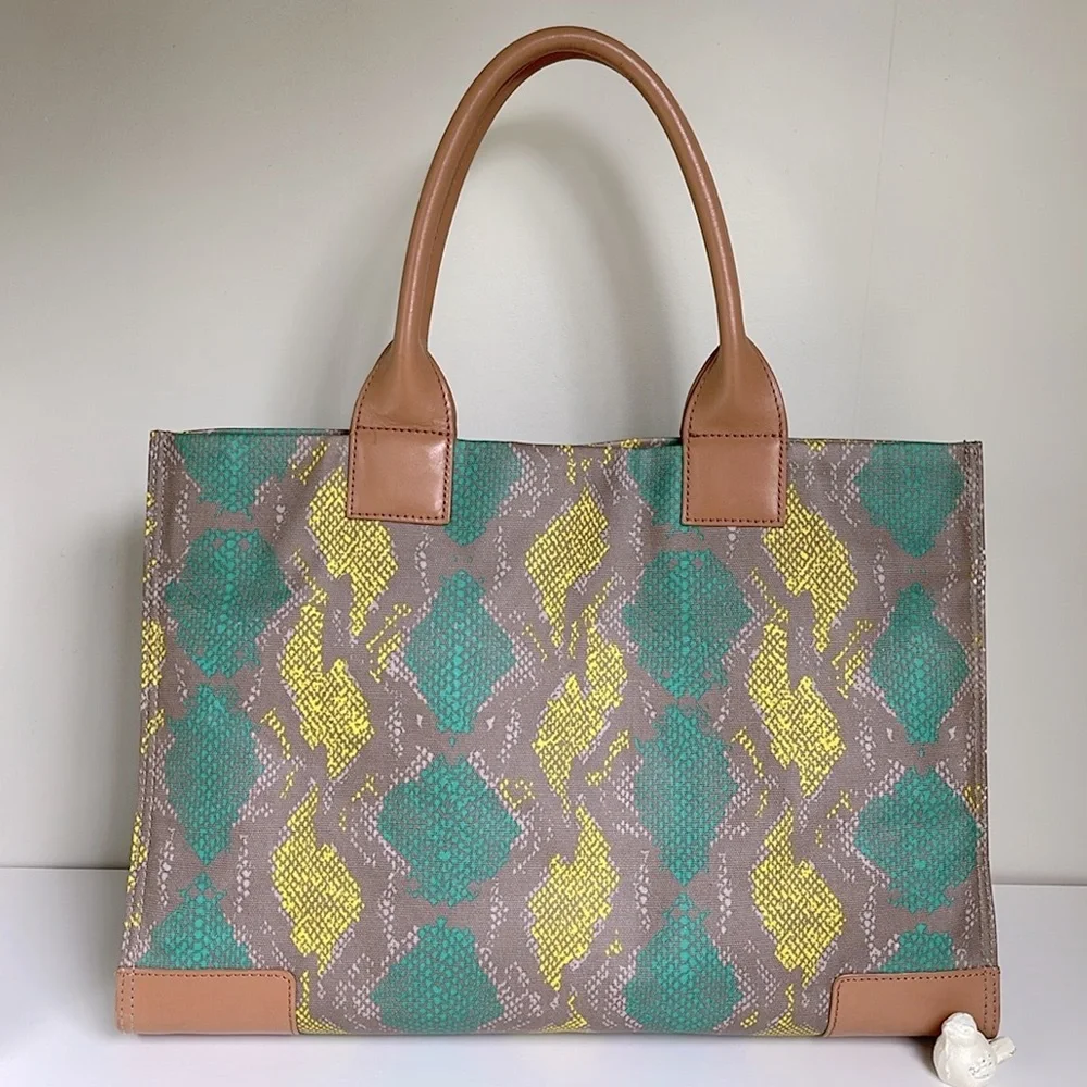 Tory Burch Ella Snake Skin Print Teal/Lime Large Tote